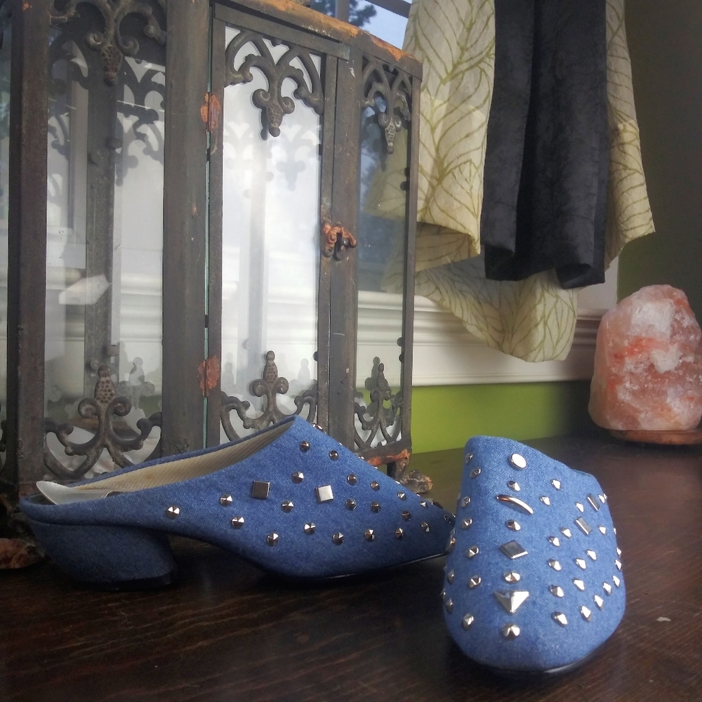 Annie Inverted Heel Studded Denim Loafers